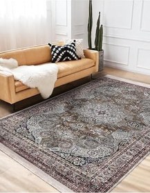Resim RealHomes Kahverengi Zeminde Kilim Motifli Uşak Desenli Etnik Motifler Avangarde Salon Saçaklı Halı HaliDik-Deluxe-11522, 80 x 400 