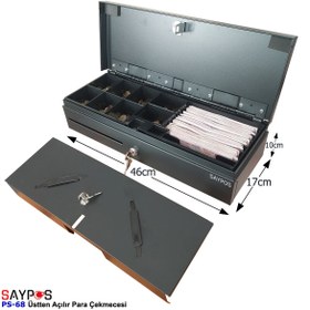 Resim SAYPOS Flip Top Para Çekmecesi 24V Pos Bağlantı Üstten Açılır Metal Para Kasası 6 Dikey Banknot 46x17x10cm 