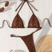 Resim Yaz Plaj Seksi Kahve Leopar Desenli İnci Aksesuarlı Üçgen Bikini Takımı 