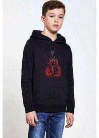 Resim Boks Eldiveni Baskılı Unisex Çocuk Kapüşonlu Siyah Sweatshirt Siyah 