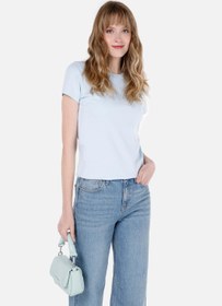 Resim Slim Fit Yuvarlak Yaka Pamuklu Düz Kadın Mavi Kısa Kol Tişört 