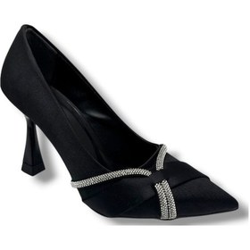 Resim Mengi 679-26 Saten Gümüş Taşlı İnce Topuklu Stiletto Kadın Ayakkabı Siyah 