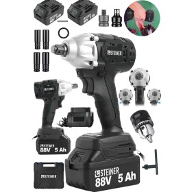 Resim Steiner Alman 88 V 5 Ah Çift Akülü Somun Bijon Sökme Takma Sıkma Matkap Kömürsüz Akülü Vidalama + Madren 