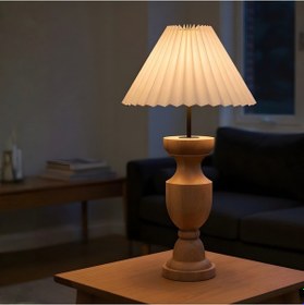 Resim Evara Ahşap Gövde Krem Başlık Dekoratif Abajur Kahverengi 