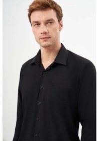 Resim Erkek Siyah Basic Düz Desen Cepli Sert Yaka Regular Fit Gömlek 24mc004057001 Siyah 