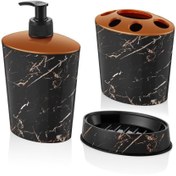Resim abnturk Siyah Mermer Desen 3 Parça Banyo Lavabo Seti Diş Fırçalık Sıvı+katı Sabunluk Kırılmaz Özel Plastik 