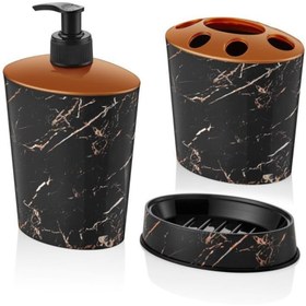 Resim abnturk Siyah Mermer Desen 3 Parça Banyo Lavabo Seti Diş Fırçalık Sıvı+katı Sabunluk Kırılmaz Özel Plastik 