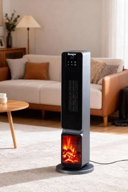 Resim Hoogar German 2701 L Grey OLED Şömineli Ekran Dijital Göstergeli Kule Tipi Seramik Fanlı Hızlı Isıtıcı 