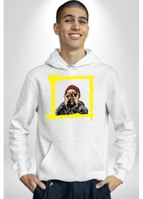 Resim Fantastik Sanatsal Yeni Nesil Kırmızı Bere El İle Dürbün Kadın Erkek Beyaz Kapüşonlu Sweatshirt Hoodie Beyaz 