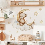 Resim 1 adet "İyi Geceler" Ayı & Hilal Duvar Stickerı - Fantezi Bulut & Yıldız Tasarımı, Moda Hayvan Baskılı İç Mekan Yatay Duvar Sanatı Stickerı Yatak Odası Dekoru, Ayı Ev Dekoru 