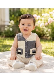 Resim GÜZEL KAMAN Bebek Yeleği 6 Aylık - 3 Yaş Arası Ğiyilen Iki Ceplı Araba Resimli Gri-krem Şık Kullanılışlı 