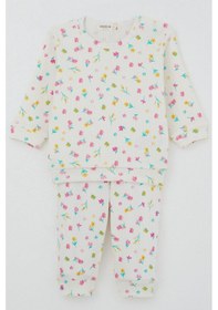 Resim Breeze Kız Bebek Pijama Takımı Omuzdan Patlı Renkli Çiçek Desenli 4 Ay-1 Yaş, Ekru Ekru 