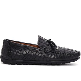 Resim Erkek Siyah Kroko Desenli Deri Casual Loafer 