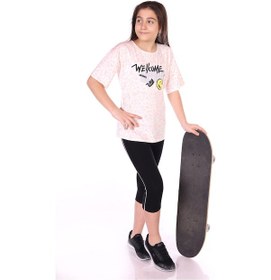 Resim Toontoy Kids Toontoy Kız Çocuk 2'li Takım Baskılı Yuvarlak Yaka T-shirt & Beli Lastikli Crop Tayt Pudra 
