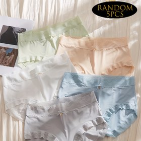 Resim 5'li Rastgele Gelen Kadın Seksi İç Çamaşırı, Pürüzsüz Saten Kumaştan Yapılmış, Parlak Bir Bitişe Sahip, Serin Bir Yaz Hissi İçeren Buzlu İpek Lifli, Zarif Dantel Detaylı Üçgen Tasarımıyla Süslenmiştir. 