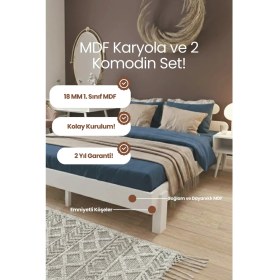 Resim Renazzo Mobilya Damla 2'li Başlıklı Doğal Masif Ahşap Karyola ve Iki Adet Komodin Seti - Kademeli Başlık Tasarımlı 