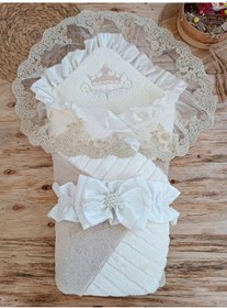Resim Yenidoğan Wool Yün Kumaş Taç Nakışlı Güpür Duvaklı Fiyonk Prizma Taş Unisex Kundak Bebek Battaniyesi Bej Renkli Çok Renkli 