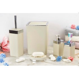 Resim Akrilik Gümüş Çizgi Krem Rengi 5'Li Soft Kare Banyo Takımı Seti 