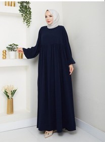 Resim Lacivert Medine İpeği Robalı Uzun Elbise 140 Cm Rahat Kesim Tesettür Elbise 