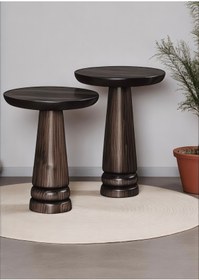 Resim AYLESA Doğal Ahşap 2’li Set Mantar Yan Sehpa Modern Koyu Ceviz Fiskos Zigon Çiçeklik 