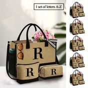 Resim 3'lü Set - Siyah Haki Çanta Kombinasyonu, El Çantası + Küçük Bozuk Para Cüzdanı + Küçük Kare Çanta İçerir, Harflerle Basılı A-Z Deseni, Polyester Malzeme - Sade ve Moda, Yaz için Temel, Günlük Kullanım, Tatiller, Plajlar için Uygun 