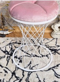Resim Zafir Yuvarlak Beyaz Boyalı Pembe Puf Oturak - Bench - Ayak Ucu Oturak - Tabure - Makyaj Oturak Pembe 