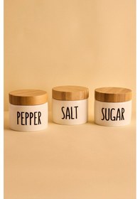 Resim Amara 3'lü Porselen Baharatlık Seti Beyaz Yuvarlak Bambu Kapaklı Kavanoz Beyaz Beyaz 