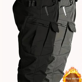 Resim 2 adet Erkek Plus Kadife Kalınlaştırılmış Kargo Pantolonu - Sıcak, Rüzgar Geçirmez, Çoklu Cep Taktik Pantolon, Kış Avı, Kamp ve Yürüyüş, Açık Hava Macera Ekipmanı|Gündelik Fit Pantolon|Fermuarlı Cep 