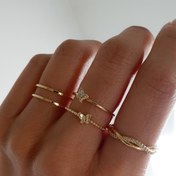 Resim 5'li Set Vintage Basit Taşlı Kelebek Düz Daire Üst Üste Takılan Yüzükler 