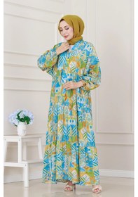 Resim Sevitli Etnik Desen Robalı Elbise-mavi-5251 Mavi 