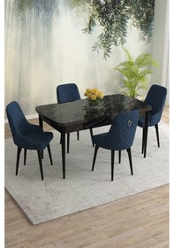 Resim Meri Serisi 80x132 Açılabilir Mdf Siyah Mermer Desen Masa Takımı 4 Lacivert Sandalye Lacivert 