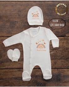 Resim yzc home size dair... K105 T Ekru Renk Isme Özel Isimli Baskılı Bebek Tulum Şapka Eldiven Set Hastane Çıkışı 