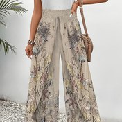 Resim Kadınlar için Şık Çiçekli Geniş Paça Pantolon - Günlük Tatil Plaj Giyimi, Bol Kesim, Esnemez Polyester, Makinede Yıkanabilir 