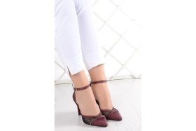 Resim Erkan Saçmacı Kaylee Bordo Saten Fileli Taşlı Stiletto 