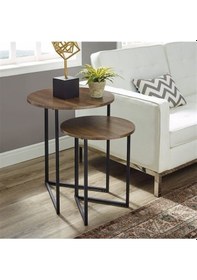 Resim İkili Yuvarlak Doğal Ahşap Zigon Sehpa Siyah 