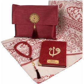 Resim Seccade + Tesbih + Yasin Hediye Seti Çanta Boy, Şantuk Kese, Bordo 