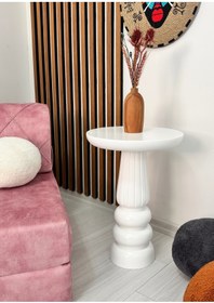 Resim AYLESA Ahşap Tekli Mantar Yan Sehpa Modern 50cm Beyaz Renk Fiskos Çiçeklik 