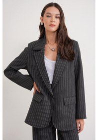 Resim Mixray 4753 Kadın Çizgili Oversize Blazer Ceket Antrasit 