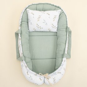 Resim Babynest ve Yastık - Çift Taraflı - Mint Örgü - Yapraklar 
