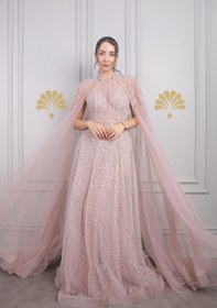 Resim Halter Yaka Pelerin Detaylı İnci Ve Taş İşlemeli Büyük Beden Tasarım Abiye Pembe - Pembe / 46 