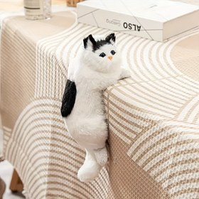 Resim El Yapımı Gerçekçi Peluş Kedi Heykeli, 30.0x19.99x15.01 cm - Siyah ve Beyaz Tüylü, Turuncu Kulaklar ve Pembe Detaylar ile Yumuşak Reçine İç/Dış Dekor, Ev, Parti Hediyeleri ve Çoklu Oda Kullanımı için Mükemmel, Kedi Dekoru, Parti Hediye Aracı, Canlı Tasarım, Detaylı Tüysü Tekstür 