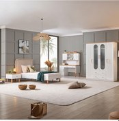 Resim Vita Bohem Genç Odası - 4 Kapaklı Dolap, Karyola, Komodin, Çalışma Masası Beyaz 