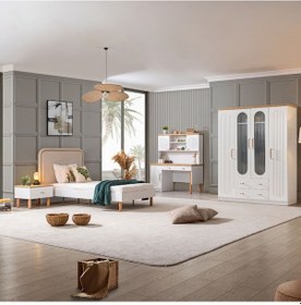 Resim Vita Bohem Genç Odası - 4 Kapaklı Dolap, Karyola, Komodin, Çalışma Masası Beyaz 