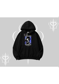 Resim Kapşonlu Sweatshirt Oversize Anime Kız Baskılı Siyah 