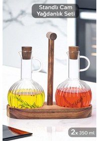 Resim 2'li Ahşap Standlı Borosilikat Cam Yağdanlık Seti - Yağlık Sirkelik Zeytinyağ Sıvıyağ Şişesi 2x350ml 