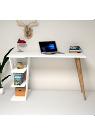 Resim Emkawood Emkawood Cross Masif Ayaklı Raflı Beyaz Çalışma Masası 