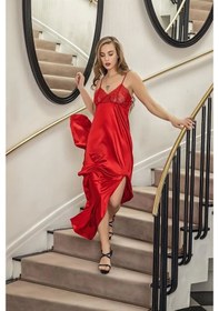 Resim Fevien Dantelli Uzun Yırbrfaçlı Saten Gecelik Elbise String Takım Kırmızı Brf31512 Kırmızı 