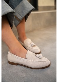 Resim Leather Bej Süet Kadın Püskül Detaylı Düz Taban Ayakkabı Bej 