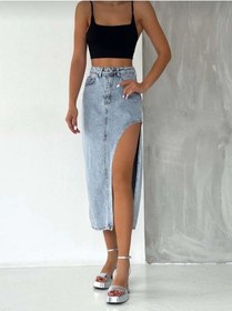 Resim 2094 Kadın Likrasız Yandan Yırtmaçlı Jeans Kot Denim Etek Beyaz 