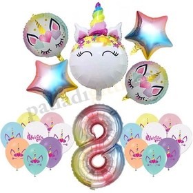 Resim 8 Yaş Gökkuşağı Konsepti Unicorn Temalı Doğum Günü Parti Kutlama Seti 